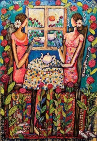 Shazly Khan, Sisters, pouring their hearts out over a cup of tea, 24 x 36 Inch, Acrylic on Canvas, Figurative Paintings, AC-SZK-167